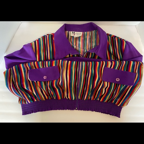 MS Maggie Sweet Zip Up Front Blouse Purple Stripe Elastic Waist Size Large - Picture 6 of 12
